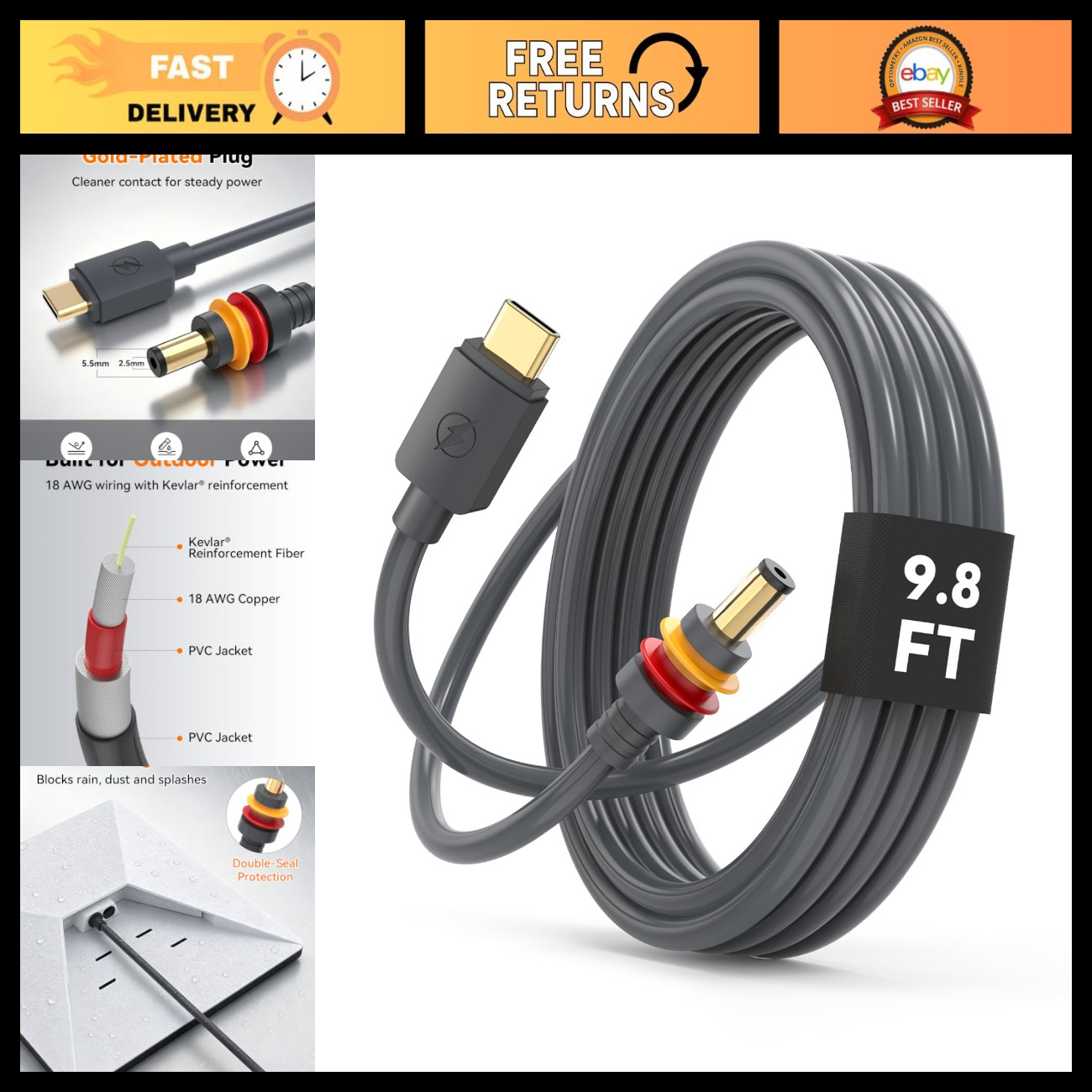 9.8 FT USB C to DC Power Cable for Starlink Mini, Fast Charging, Durable Design