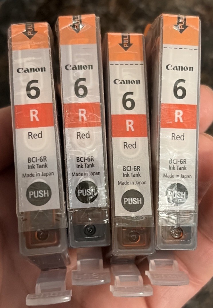 Four Canon BCI-6R Red Ink Cartridges Ink Jet Brand New Factory Sealed No Box