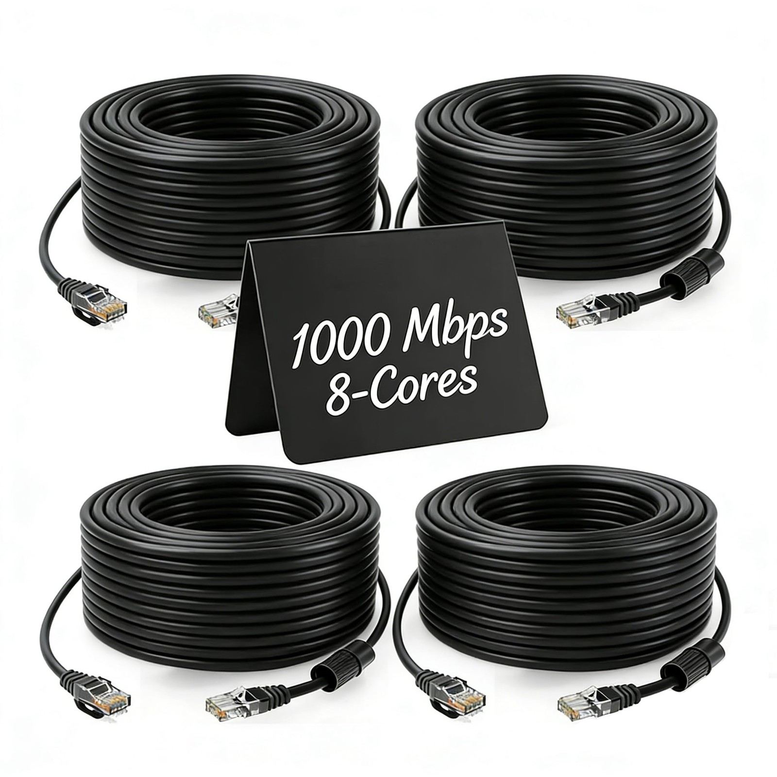 4 PCS Cat5e Ethernet Cable 100 Ft PoE RJ45 Male Female Waterproof Black Wire