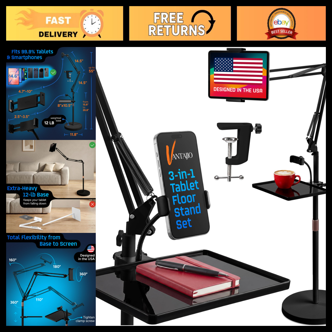 Adjustable Tablet Floor Stand with 12lb Weighted Base, Tray & Phone Holder - Bla