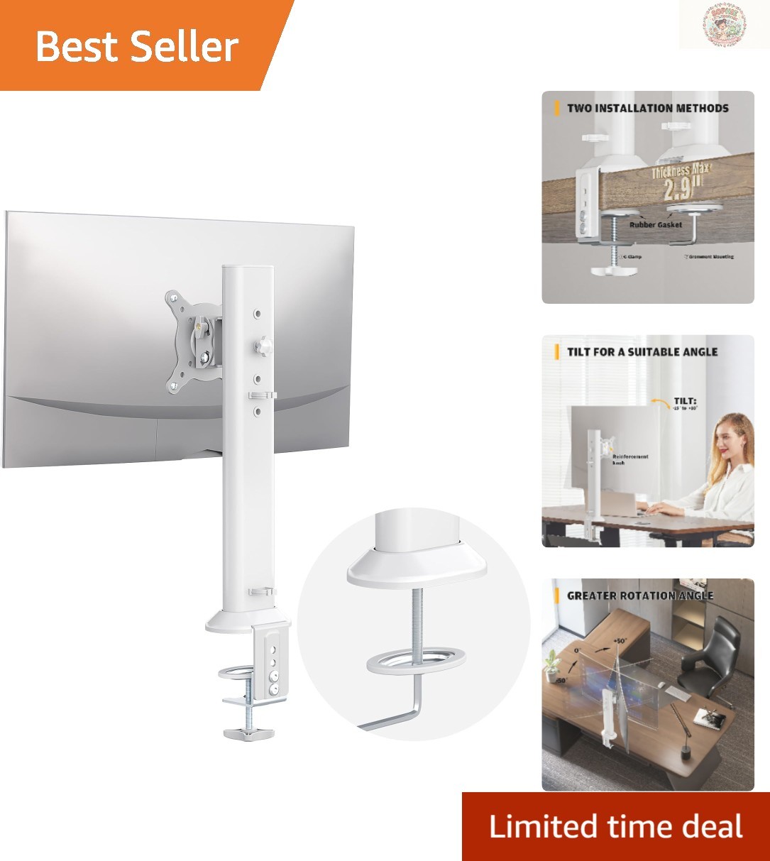Sleek White Monitor Arm Stand for Ergonomic Viewing - Fits 13-32 Inch Displays