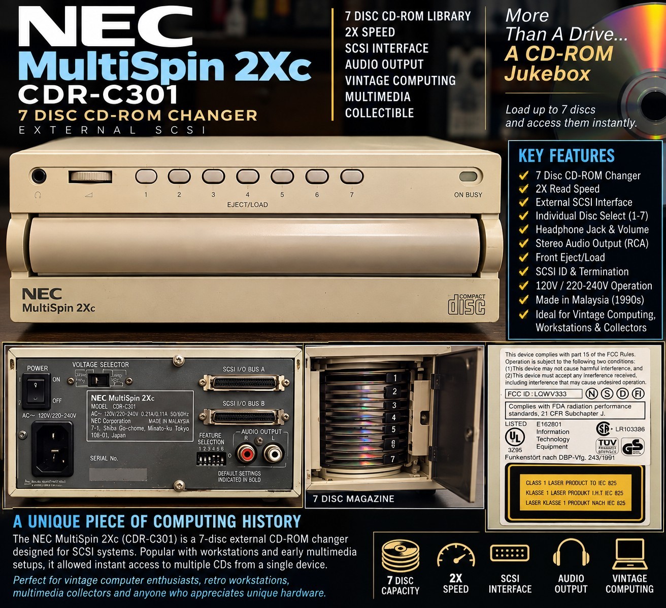NEC MultiSpin 2Xc CDR-C301 7 Disc SCSI CD-ROM Changer Vintage External Jukebox