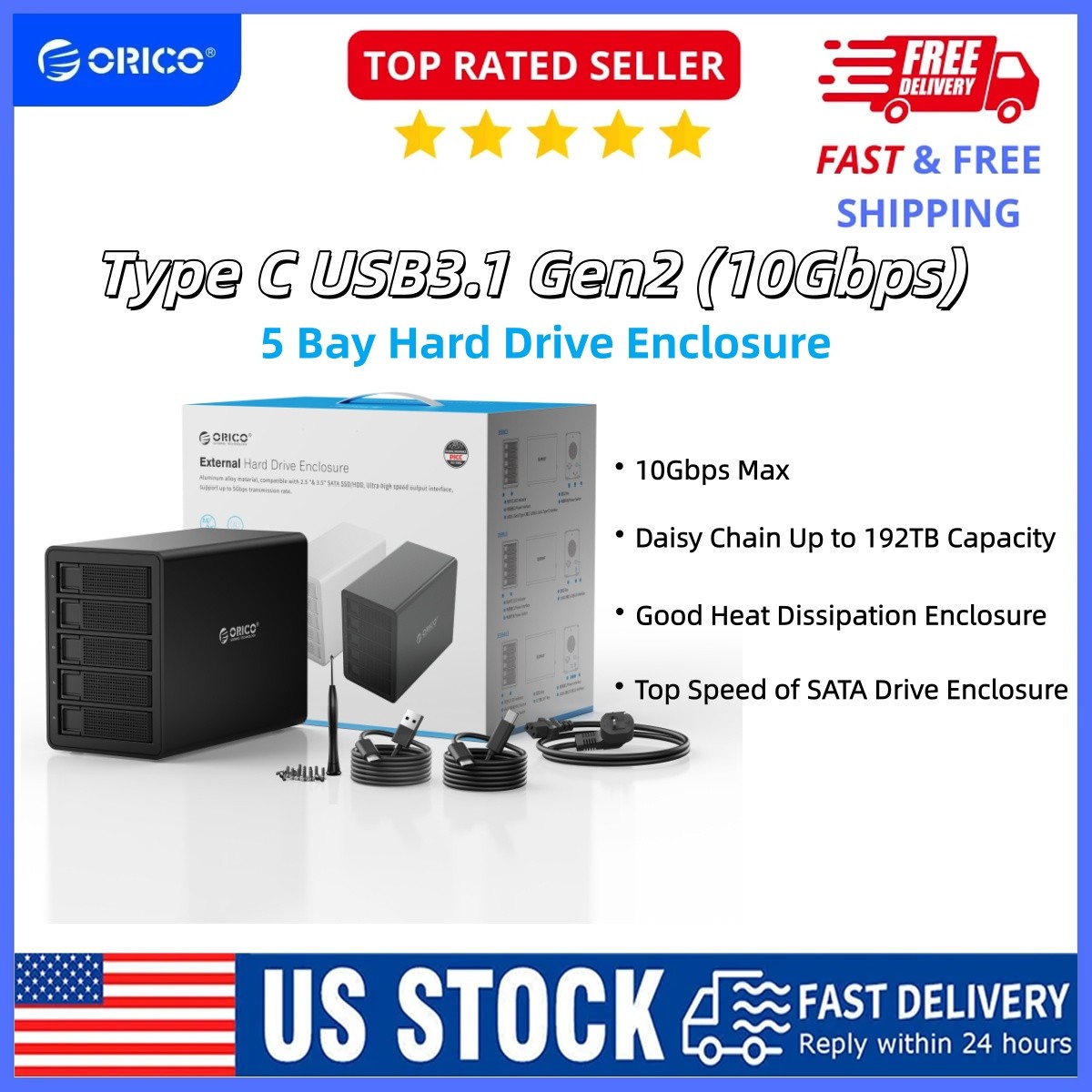 ORICO 5Bay Hard Drive Enclosure Daisy Chain 10Gbps Type C HDD Docking Station