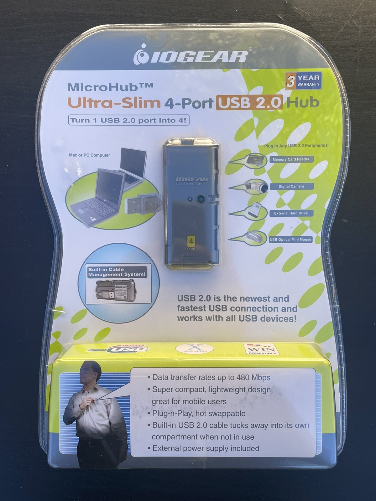 IOGEAR MicroHub Ultra Slim 4 Port USB 2.0 Hub Turn 1 USB 2.0 Port into 4 New NIP