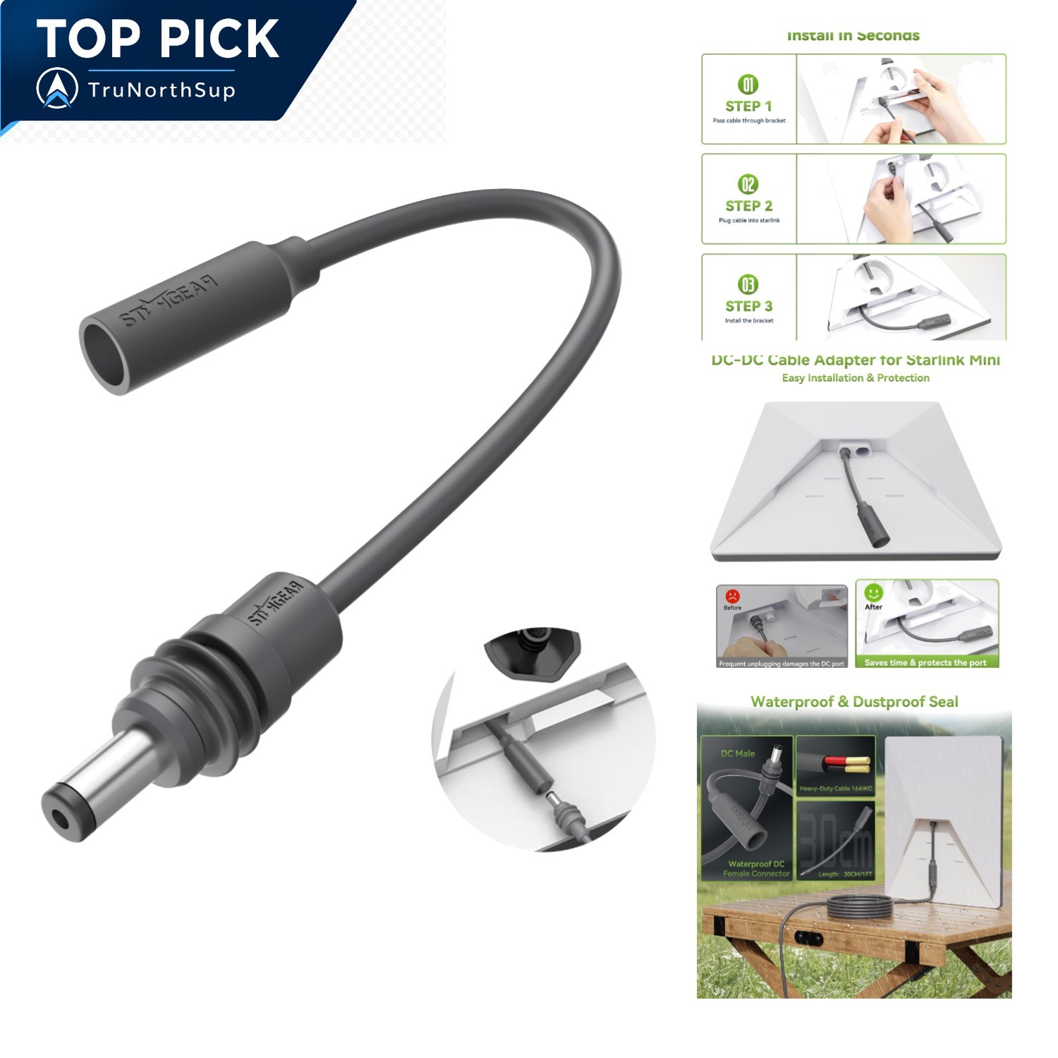 Starlink Mini DC Extension Cable 1FT Waterproof 16AWG for Starlink Mini