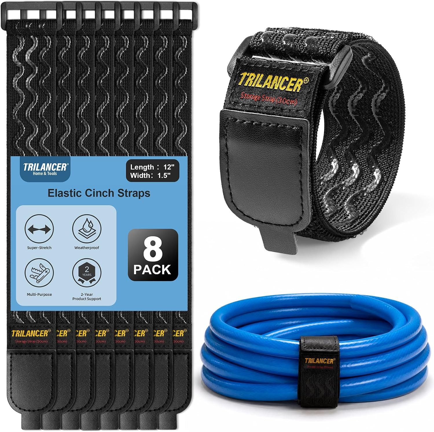 Trilancer Elastic Cinch Straps with Anti-Slip Strips, 12'' X 1.5'' (8 Pack)