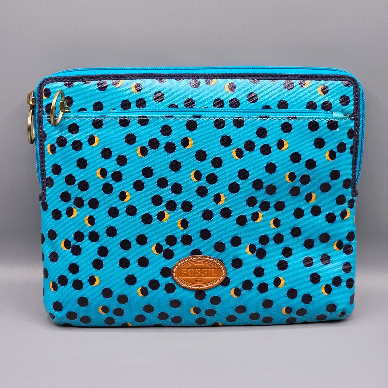 FOSSIL Tablet IPad Kindle Case blue polka dot Canvas Zipper Pouch 11” X 8”