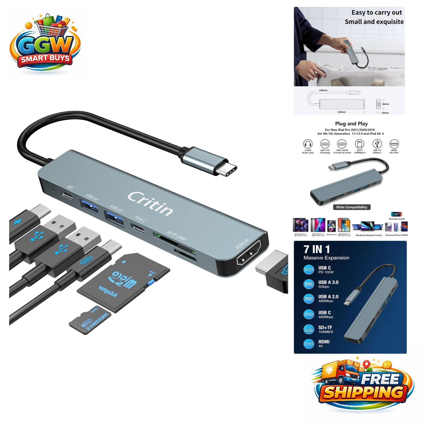 Compact 7-in-1 USB C Hub: Fast Data Transfer, 4K Output & Multi-Device Support