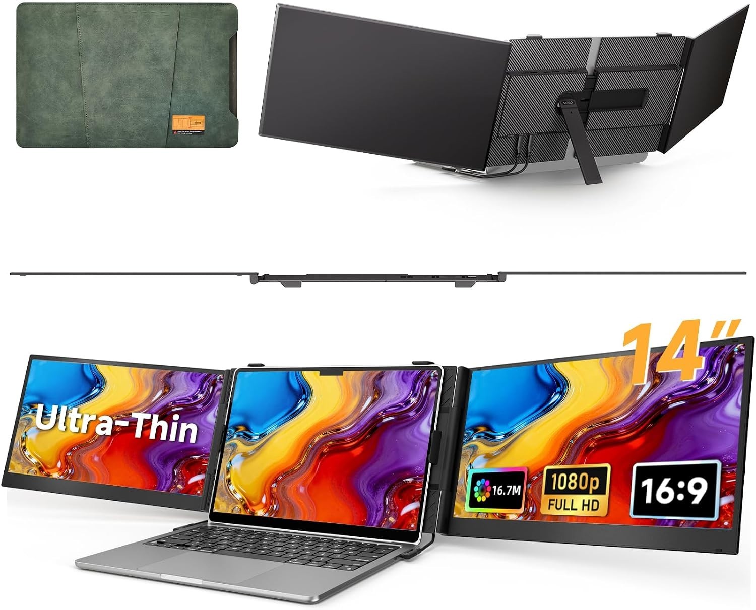 Ultra Thin Triple Laptop Screen Extender 14" FHD 1080P IPS Portable Monitor 16:9