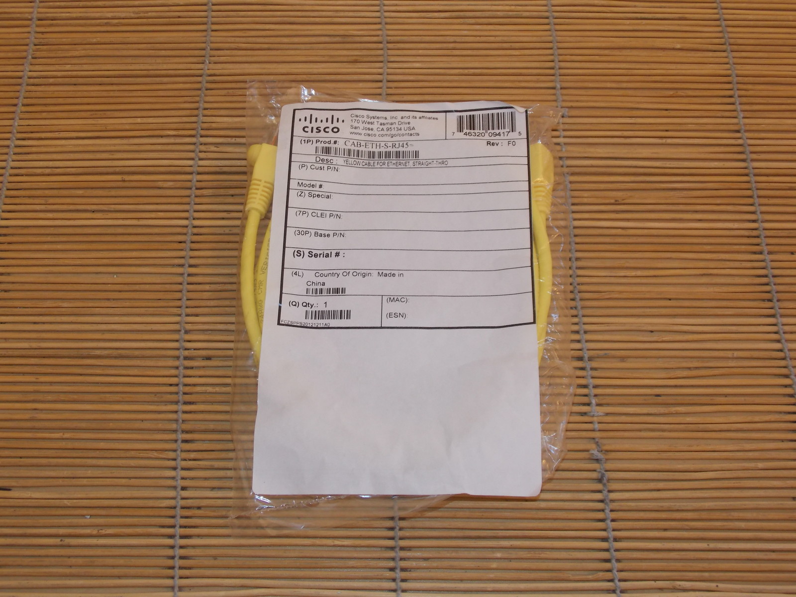NEW Cisco CAB-ETH-S-RJ45 Ethernet cable 6ft for Cisco Yellow NEW with Cisco Label