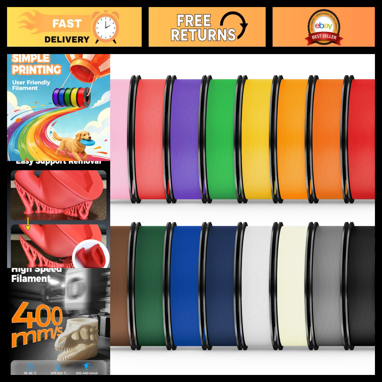 16 Color PLA+ Filament Bundle 1.75mm for 3D Printing, High Speed, 4kg Total, Vac