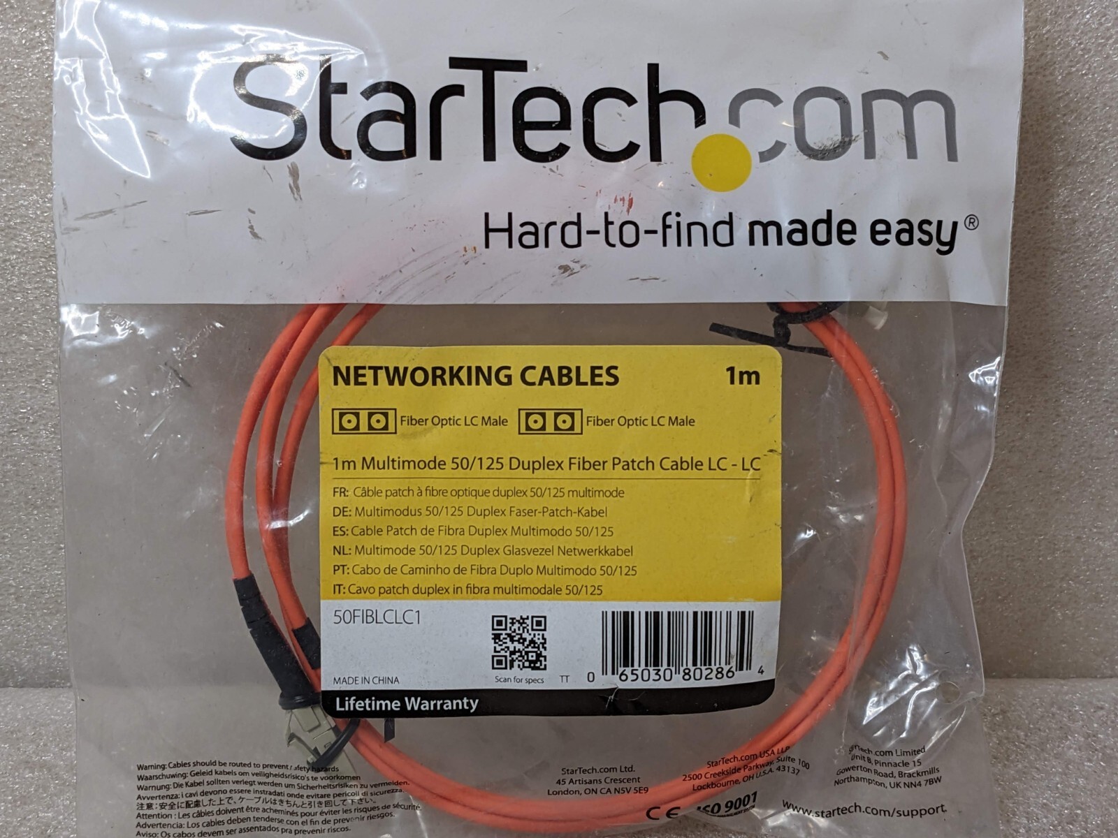 StarTech 3.28' LC To LC Multimode 50/125 Duplex Fiber Patch Cable Orange