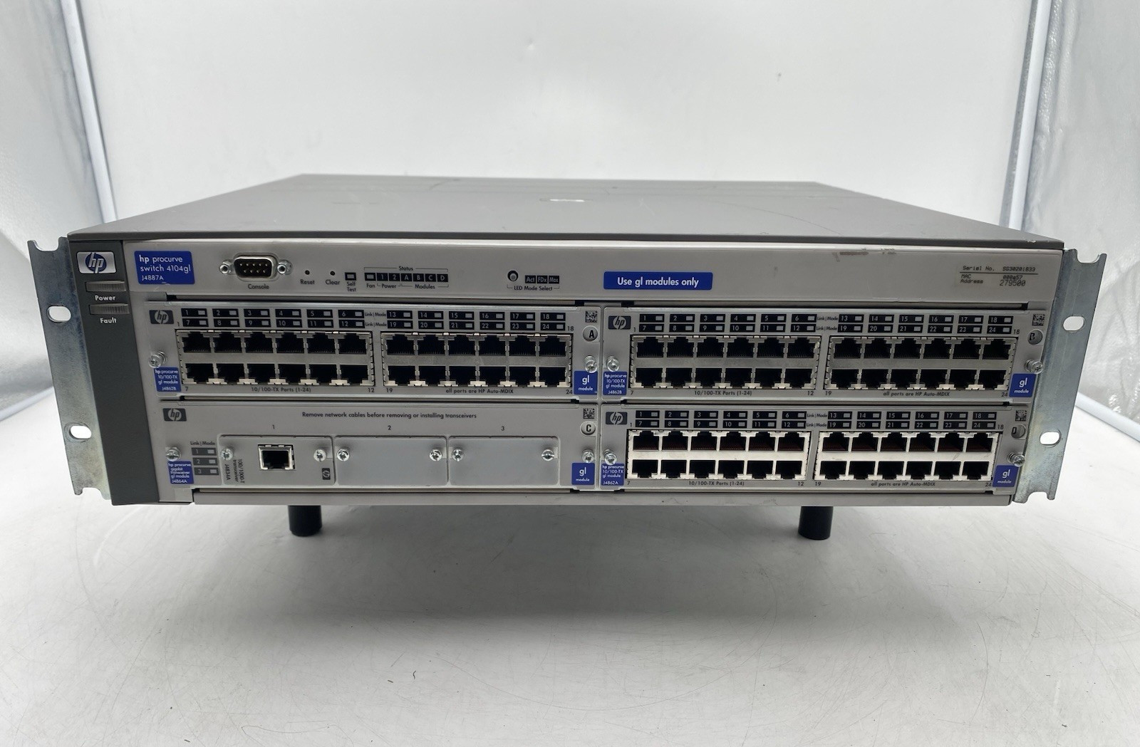 HP Procurve 4104GL J4887A Chassis w/ 2x PSU & Modules