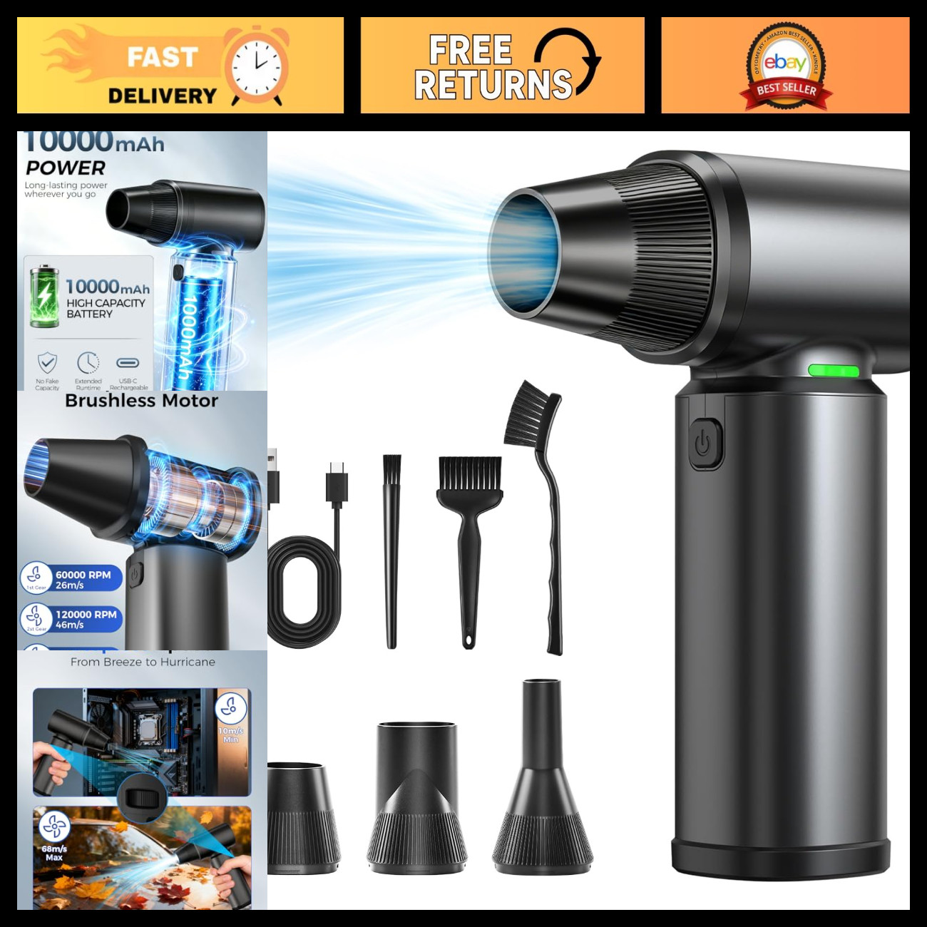 High-Power Cordless Air Duster - 180,000 RPM, 3-Speed Rechargeable Blower with L
