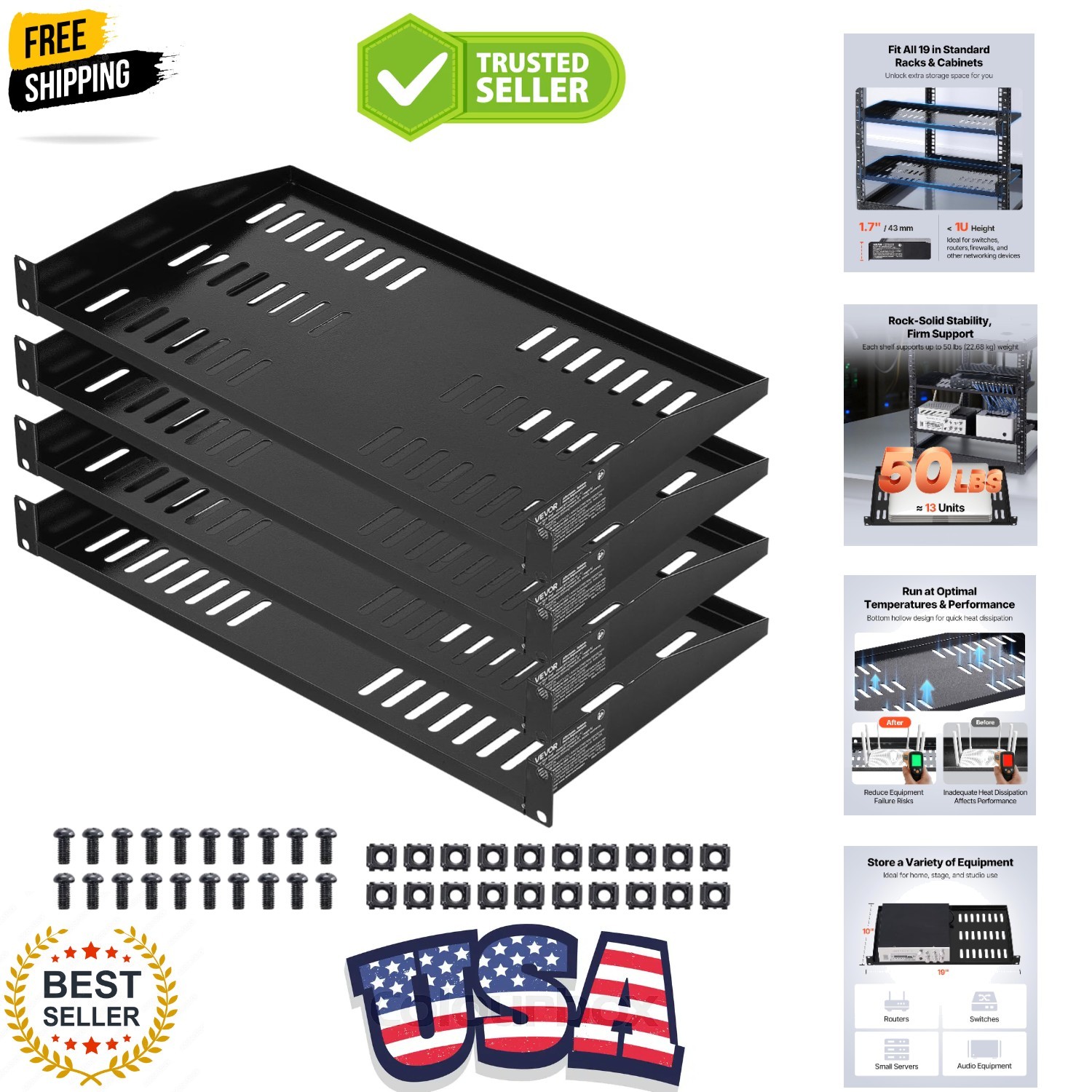 4PCS 1U Server Rack Shelf, Universal Vented Rack Mount Cantilever Tray for 19...