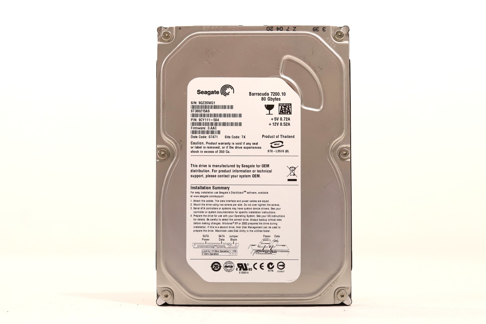 Seagate ST380215AS 80GB 3.5" 3Gb/s 7.2K RPM SATA Hard Drive P/N: 9CY111-504
