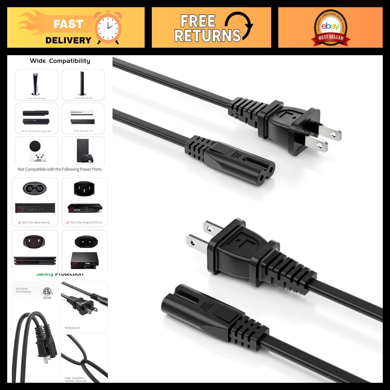 15ft AC Power Cord Cable 2 Pack for PS5, PS4, Xbox Series X/S, TV, Printer, IEC