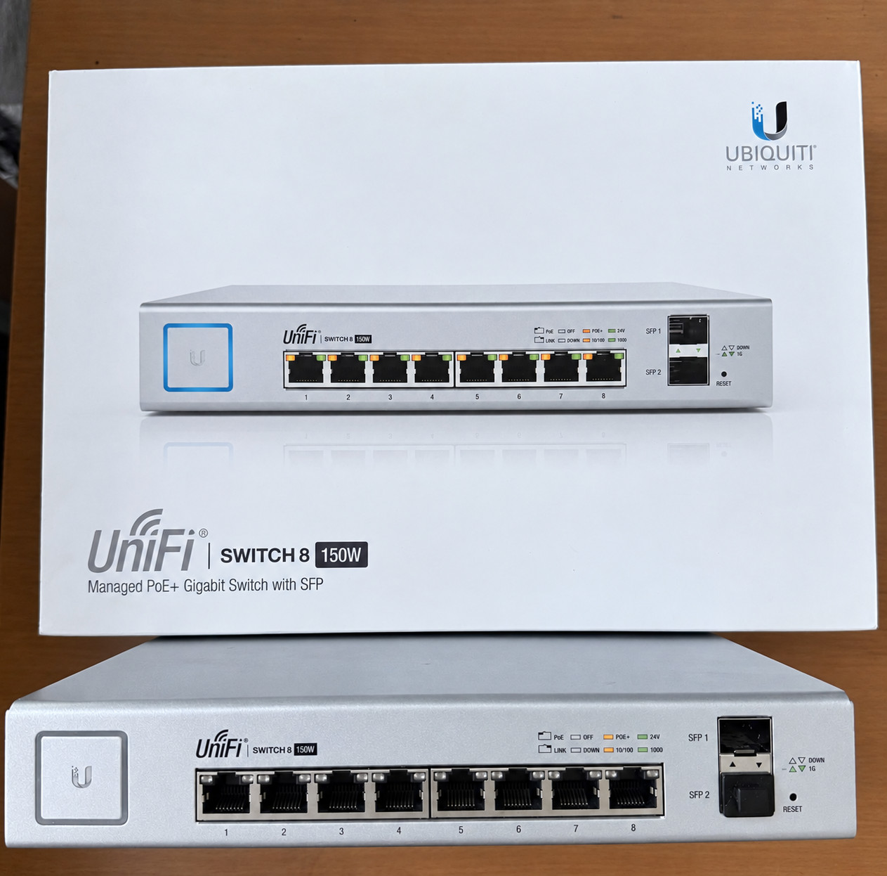 Ubiquiti UniFi US-8-150W PoE Switch + Geolynx Rack Mount - Box & Accessories