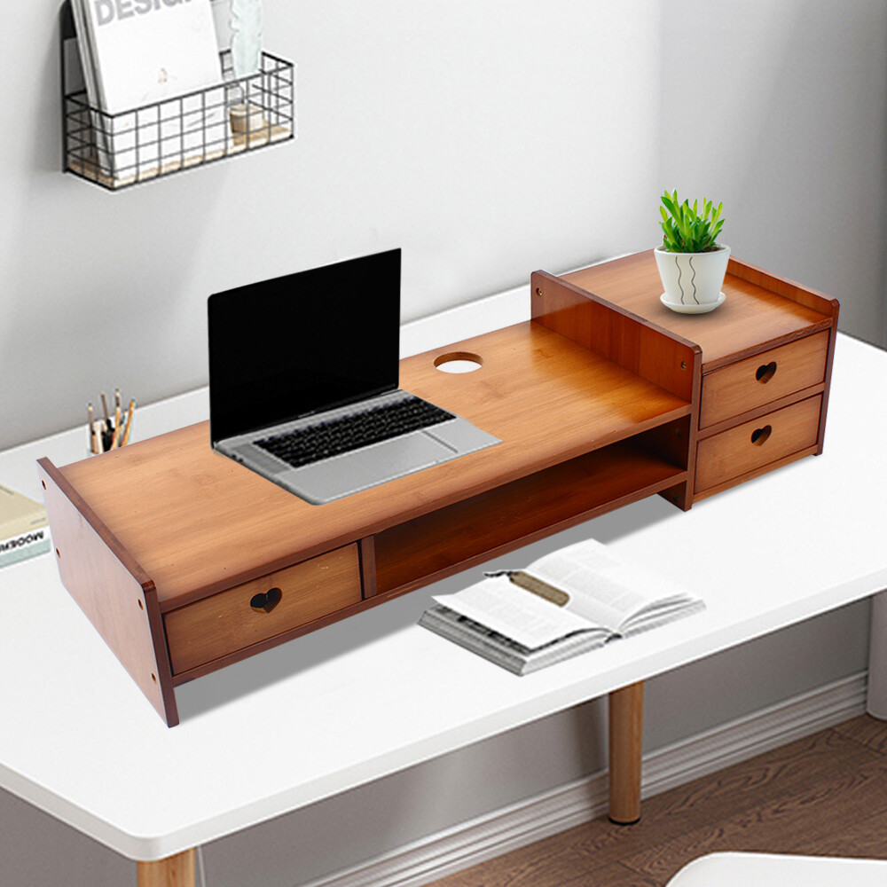 Sturdy Bamboo Wood Monitor Stand Riser w/ Drawer - Desk Storage Organizer