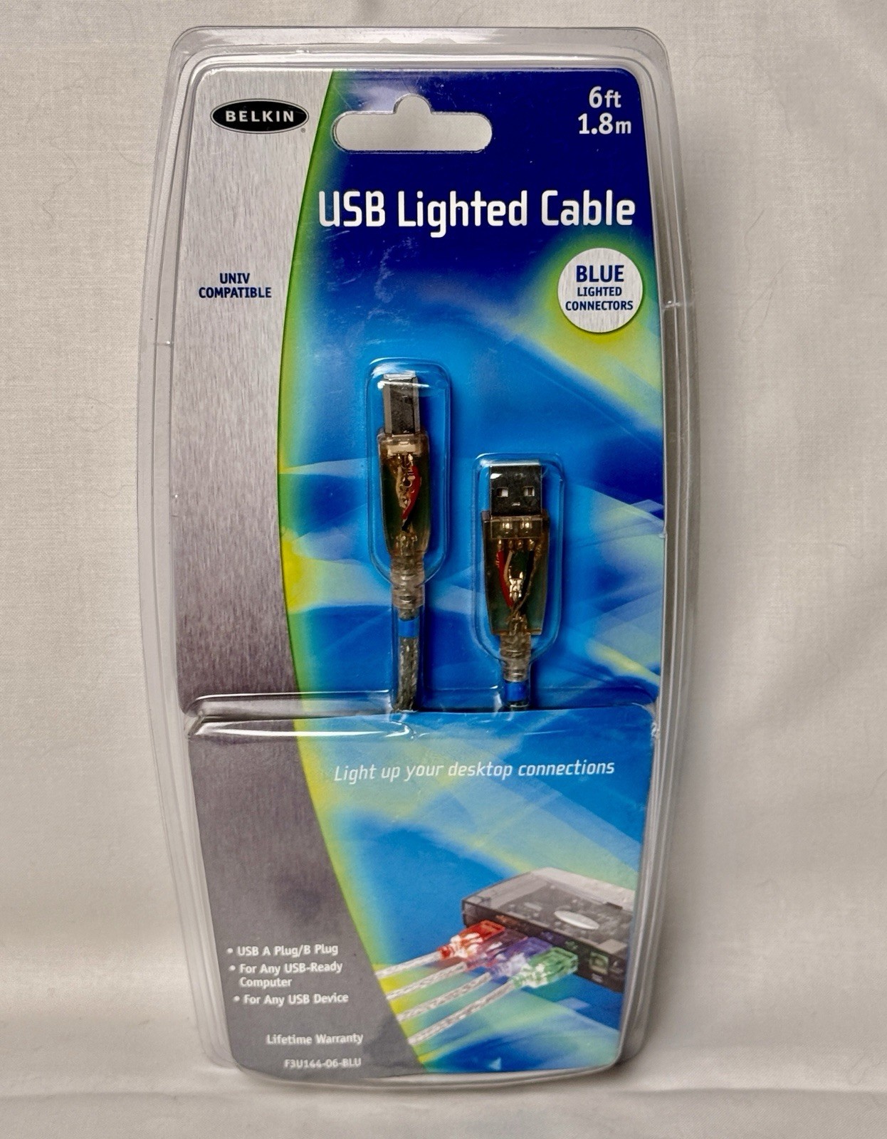 NOS Belkin USB Lighted Cable Transluscent & Blue Light Blue F3U144-06-BLU