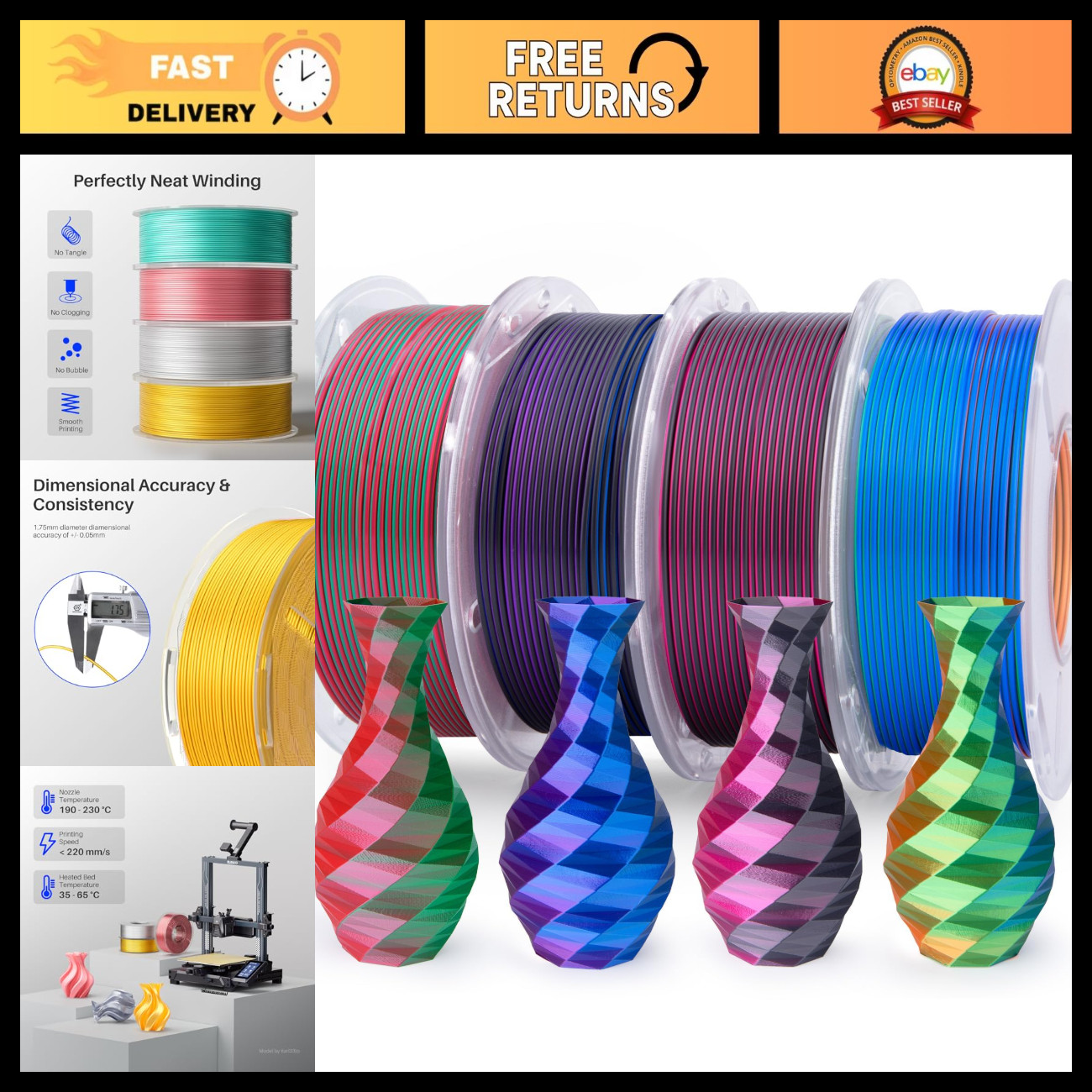 Silk PLA 3D Printer Filament Bundle 1.75mm - 4 Spools of 250g for Smooth Printin
