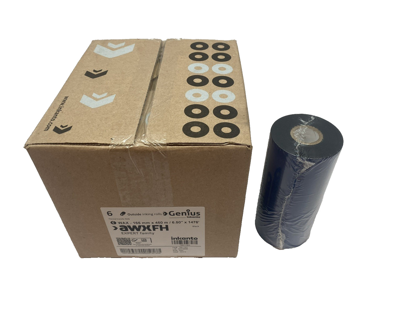Inkanto T65113IO AWX FH Resin Enhanced Wax Ribbons, 165mm W x 450m L PKG OF 6