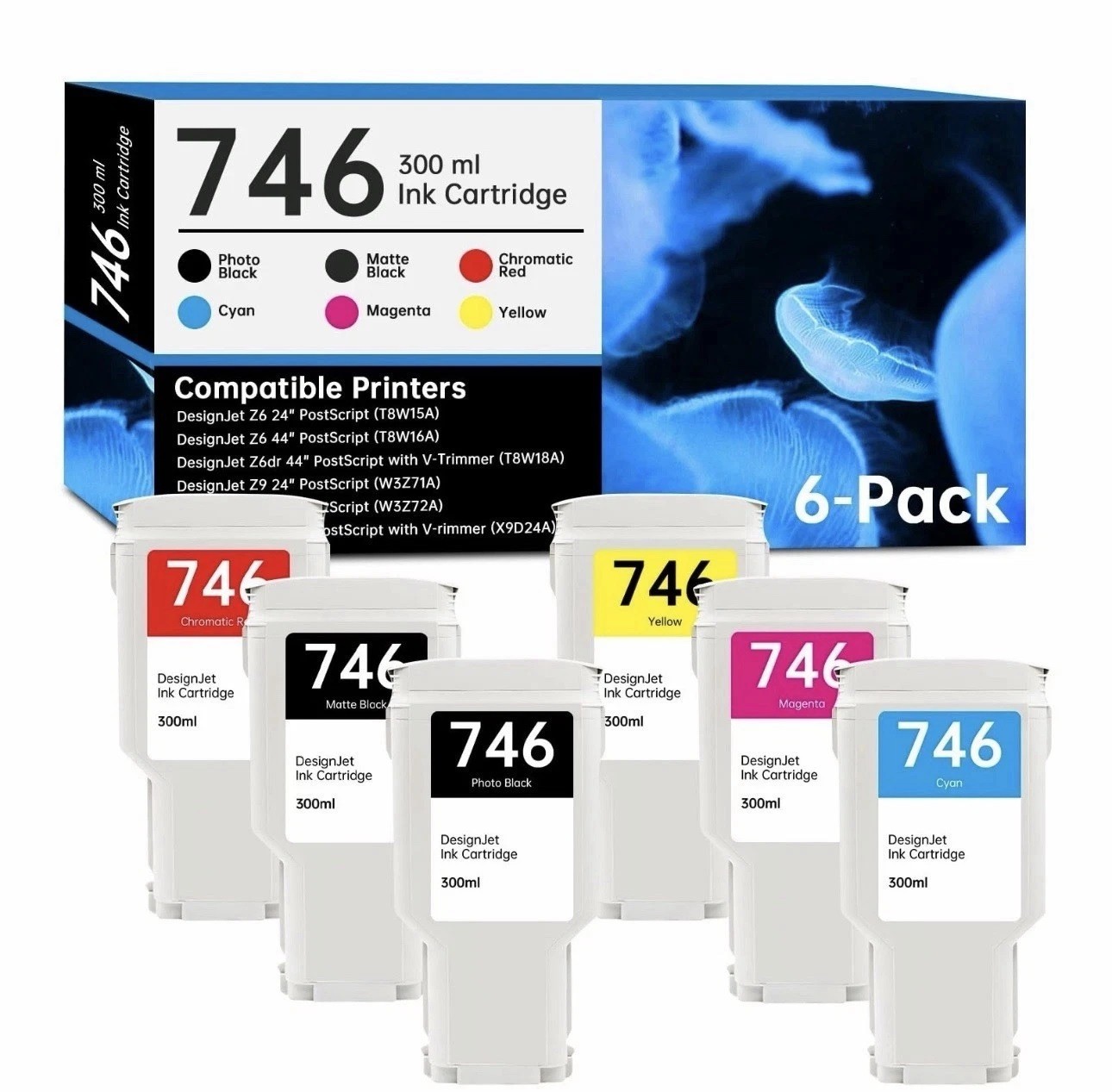 Generic Refill 746 Ink Cartridge 300ml 6-Pack For HP 746 - DesignJet Z6/Z9