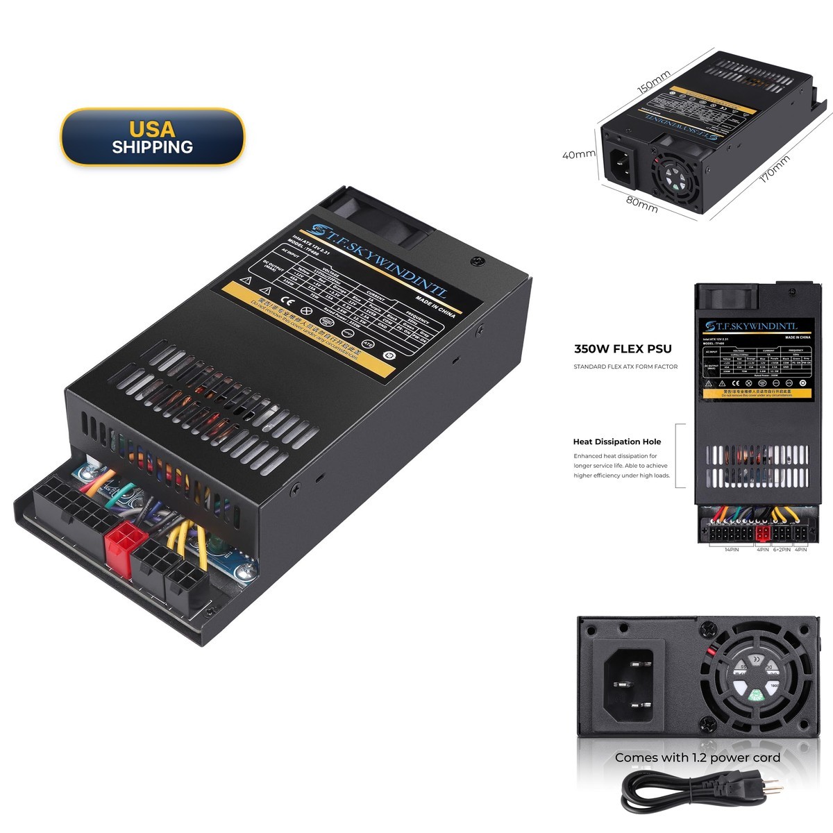T.F.SKYWINDINTL Flex Power Supply 350W Fully Modular Small-1U PSU 110-220V AC