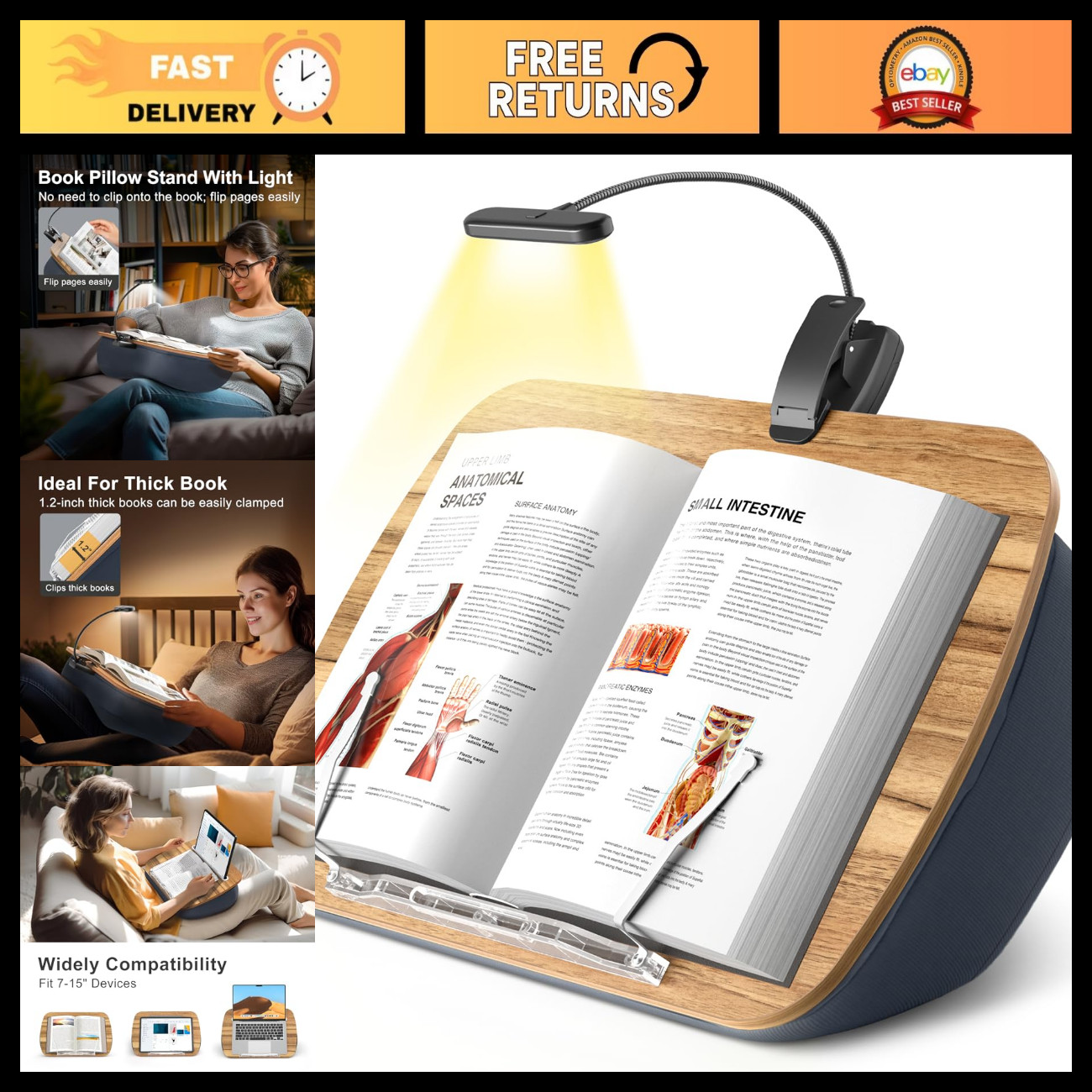 Adjustable Book Pillow Stand with 6500K LED Light, Hands-Free Reading Holder