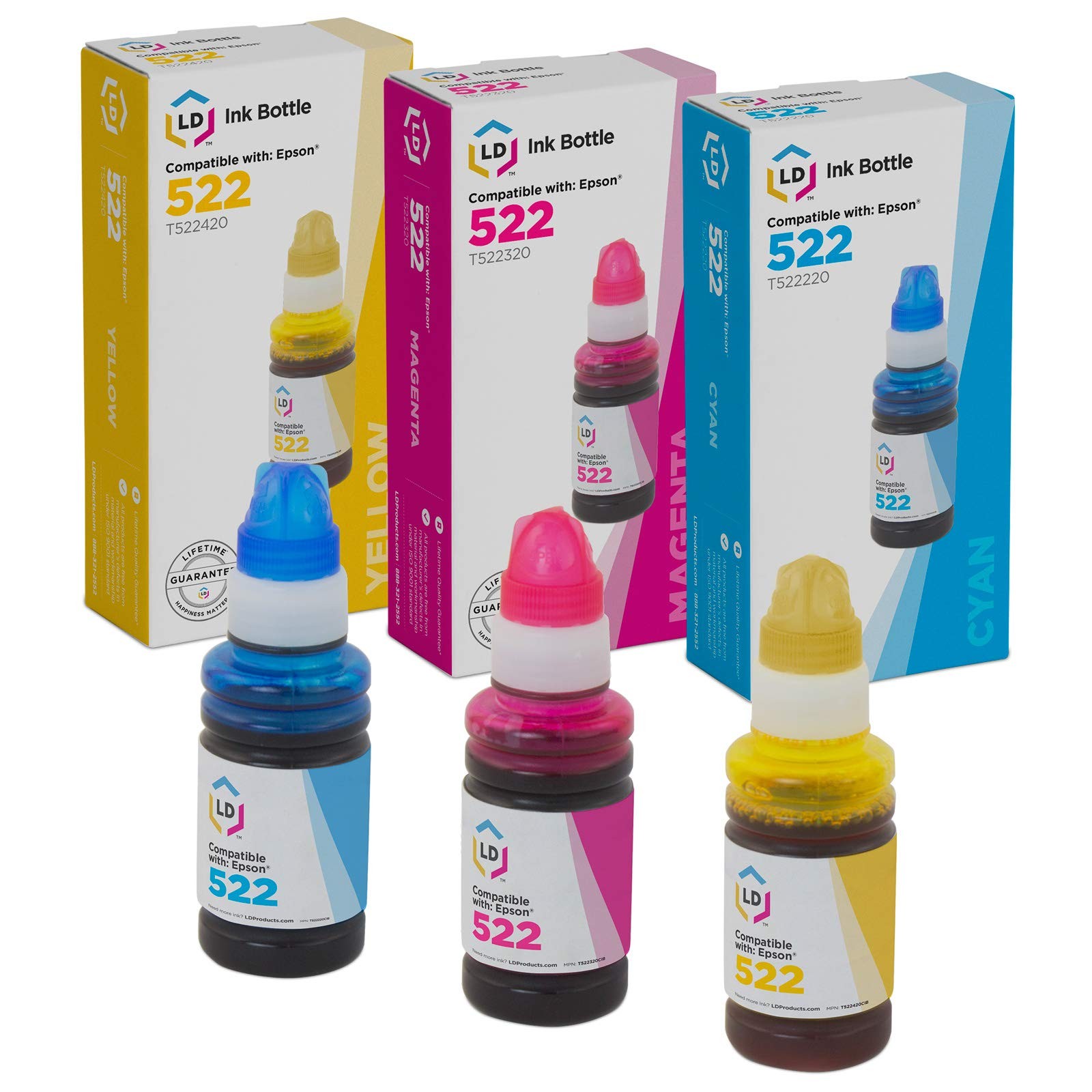 LD Compatible Epson 522 EcoTank Ink Bottles Cyan Magenta Yellow ET-2720, ET-4700
