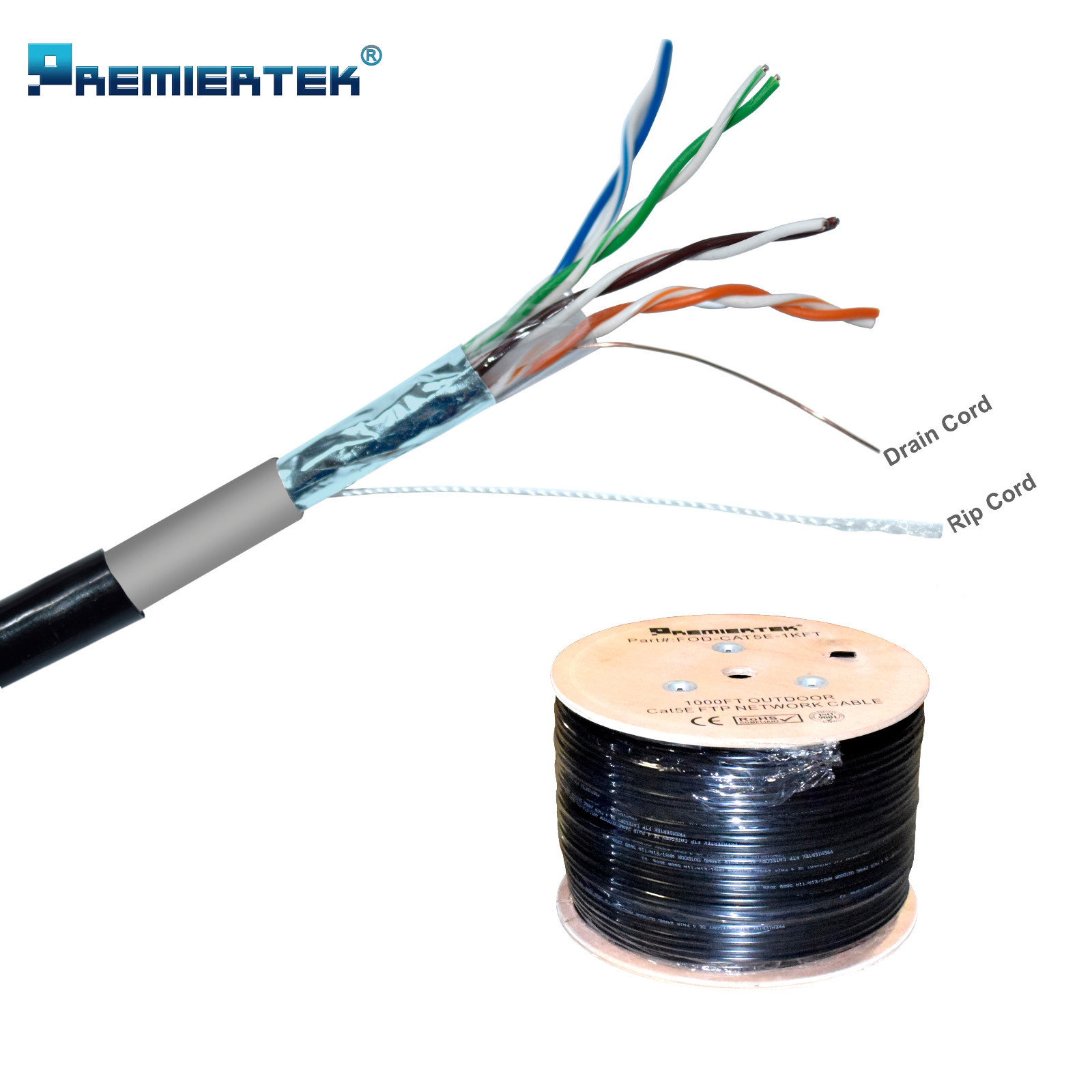 OUTDOOR SHIELD CAT5E FTP 1000FT DIRECT BURIAL ETHERNET LAN NETWORK CABLE WOODEN
