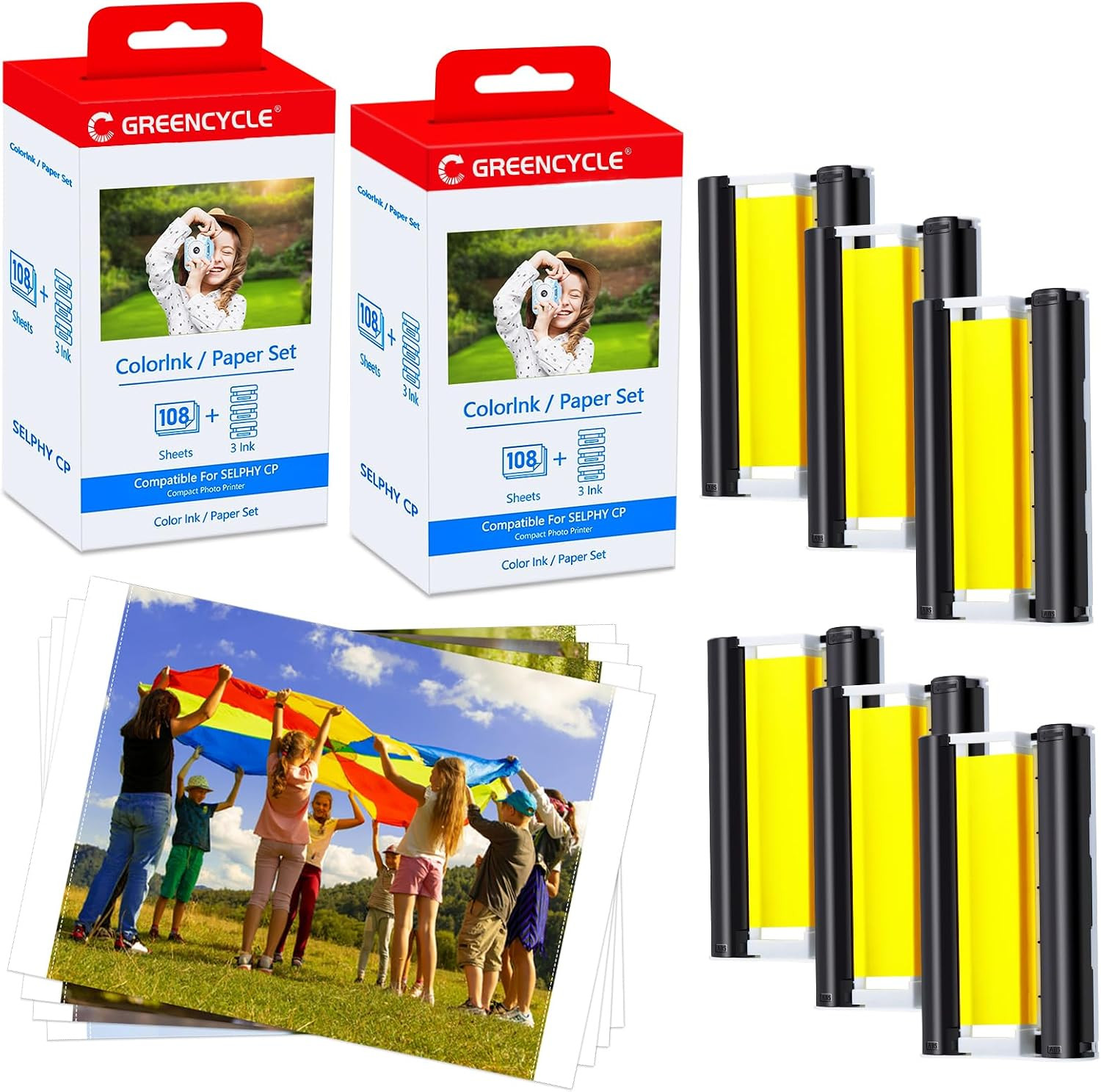 GREENCYCLE KP-108IN Ink Ribbon & Paper 2PK 216 Pcs for Canon CP1500 CP1300 CP910