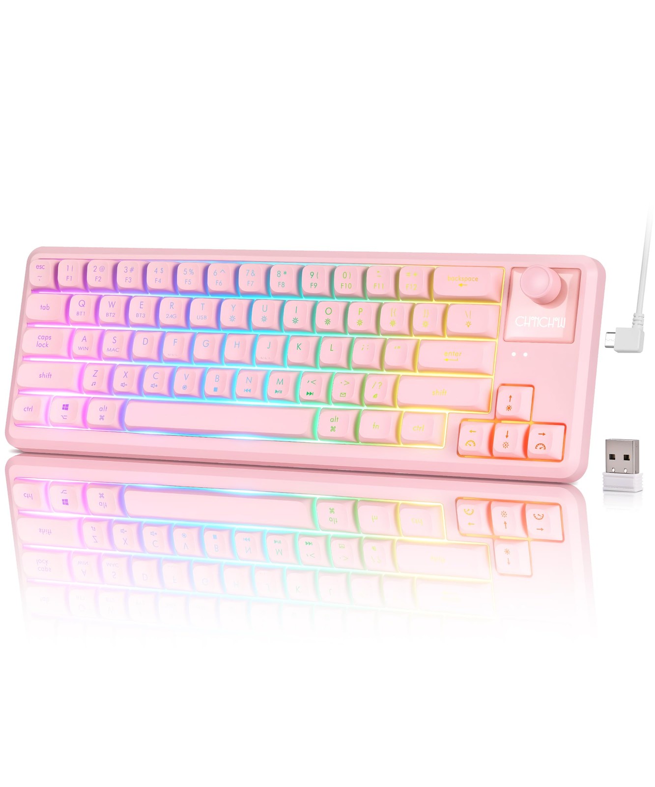 65% Wireless Gaming Pink Keyboard with RGB Light Up, Tri-mode, Volume Knob | ...