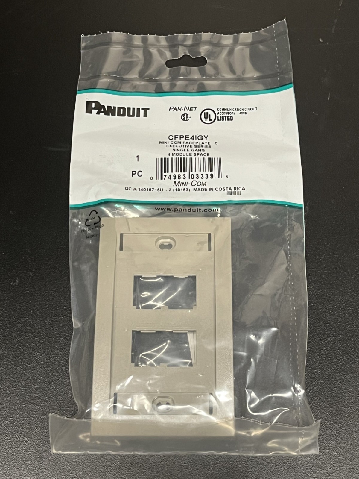 Panduit Single Gang Mini-COM Faplate, Gray - CFPE4IGY
