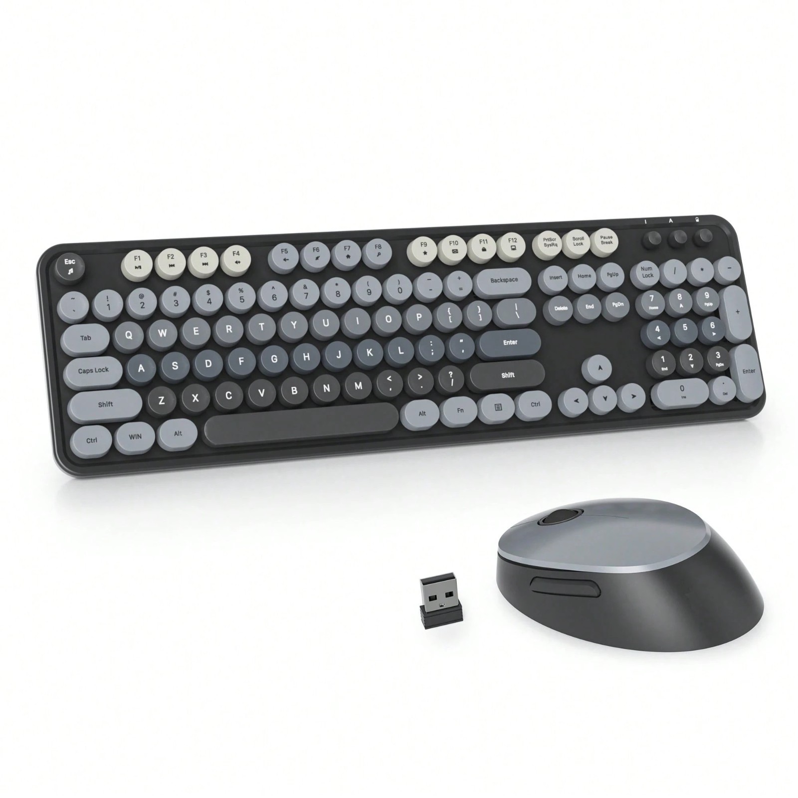 Wireless Keyboard and Mouse Set Retro Typewriter Round Keycaps for PC Laptop BLK
