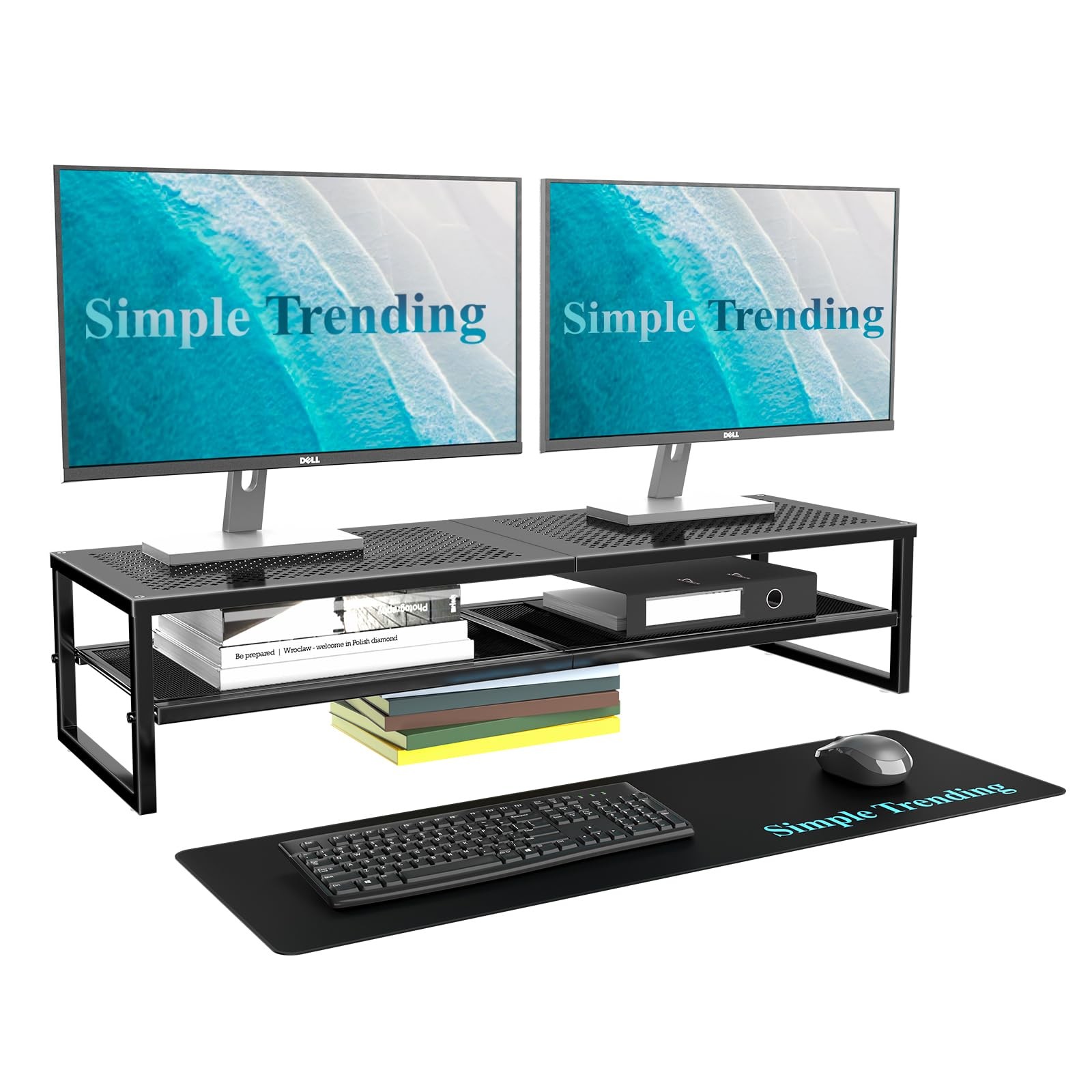 2-Tier Metal Dual Monitor Stand Riser 32x10 Desk Organizer with Mouse Pad