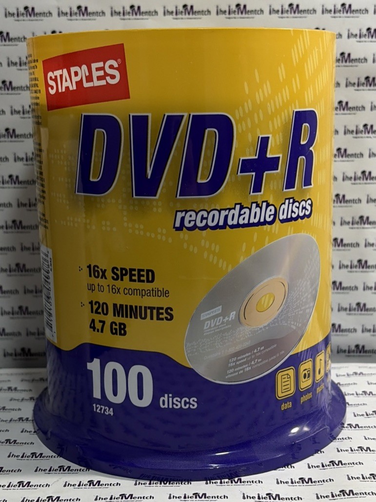 Staples DVD+R Recordable Discs 16X Speed 120 Minute 4.7GB 100 Pack 12734 SEALED