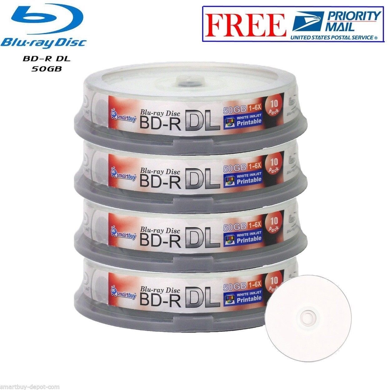 40 Pack SmartBuy BD-R DL Dual Layer 6X 50GB White Inkjet Printable Record Disc
