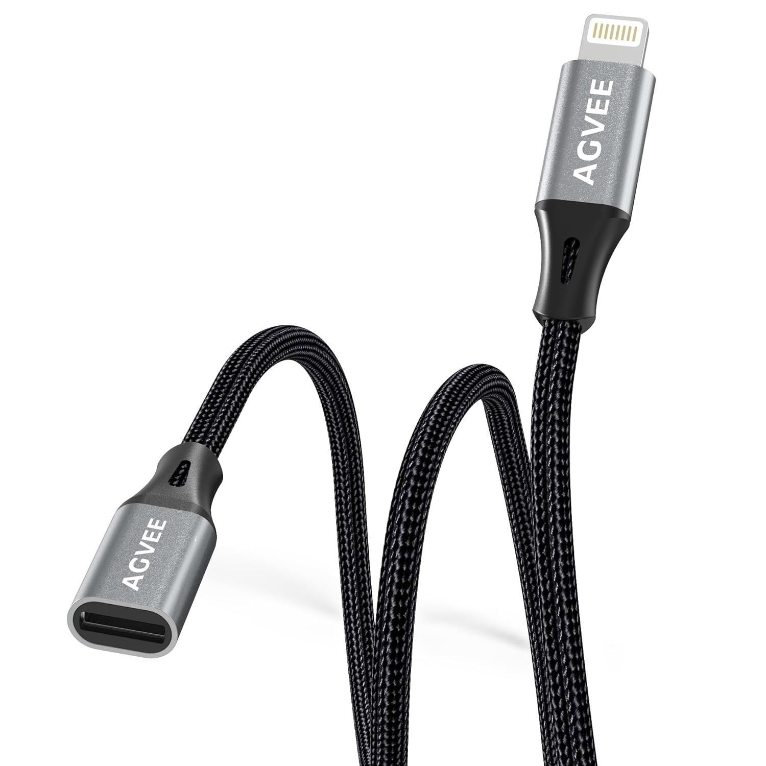 AGVEE 6.6ft Lightning Extension Cable, Braided Female to 6.6ft, Dark Gray 