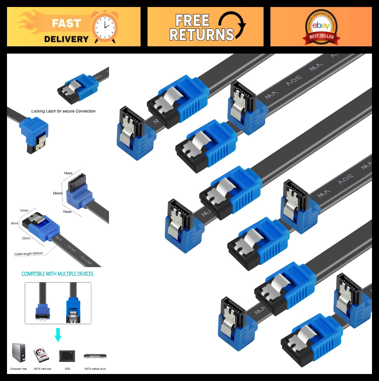 6 Pack 18" SATA III Cable 6Gbps Right Angle with Locking Latch for HDD SSD CD Dr