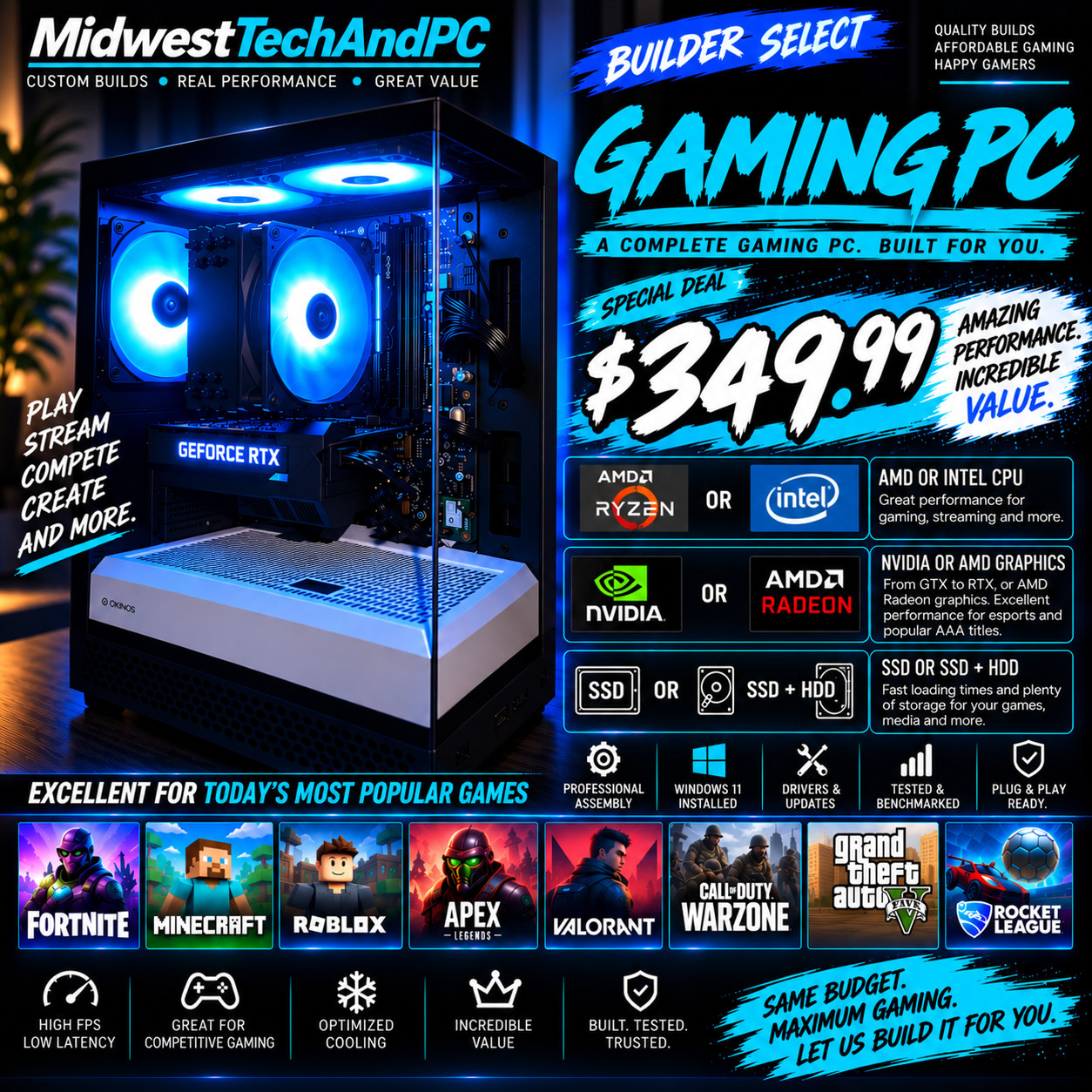 Gaming PC Intel AMD NVIDIA RTX GTX AMD GRAPHICS Win11 wifi bluetooth SSD Custom