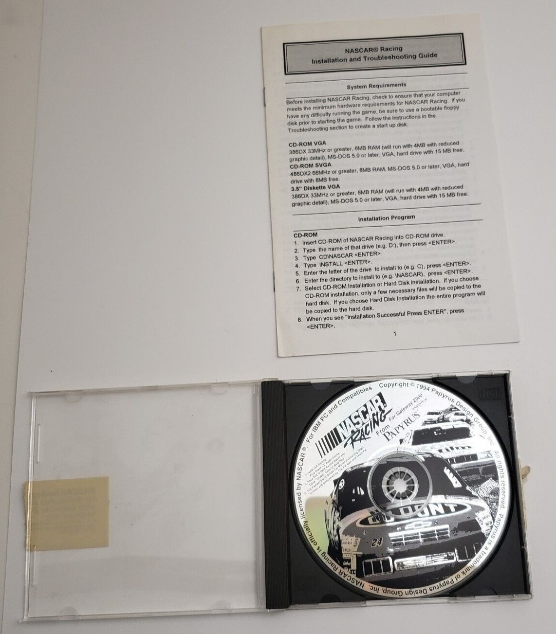 1994 NASCAR Racing For Gateway 2000 IBM PC With Installation & Troubleshooting 