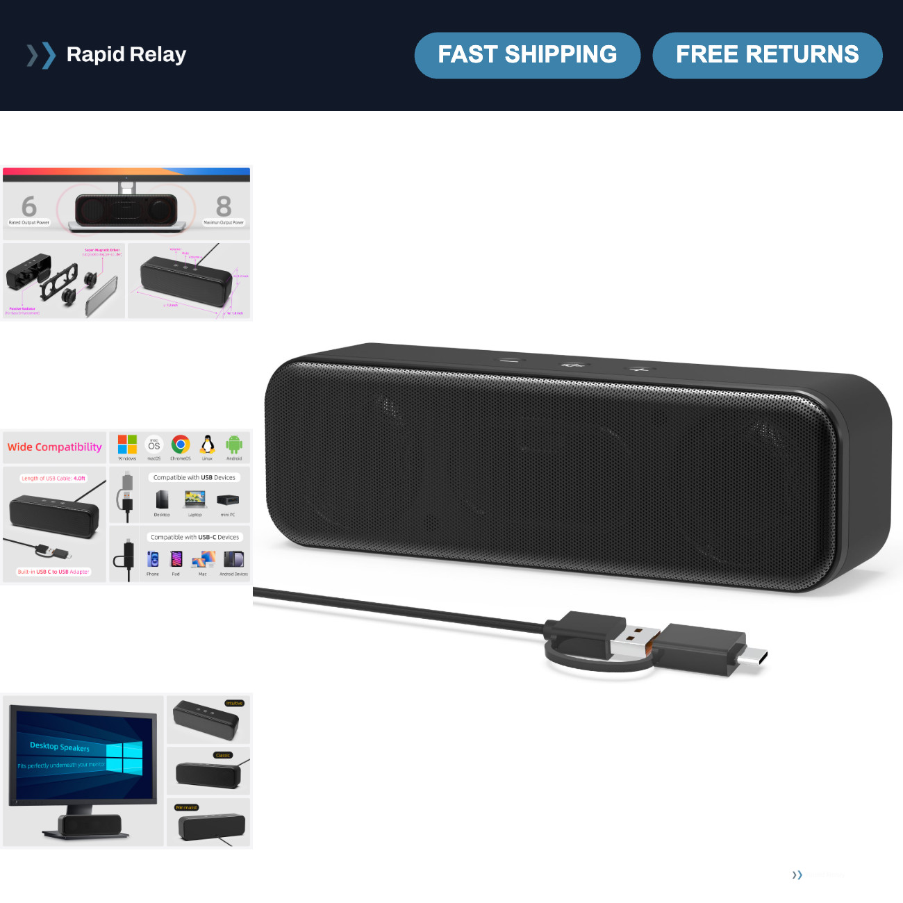 Wired USB Computer Speakers for Desktop & Laptop, Compact Sound Bar with Deep Ba
