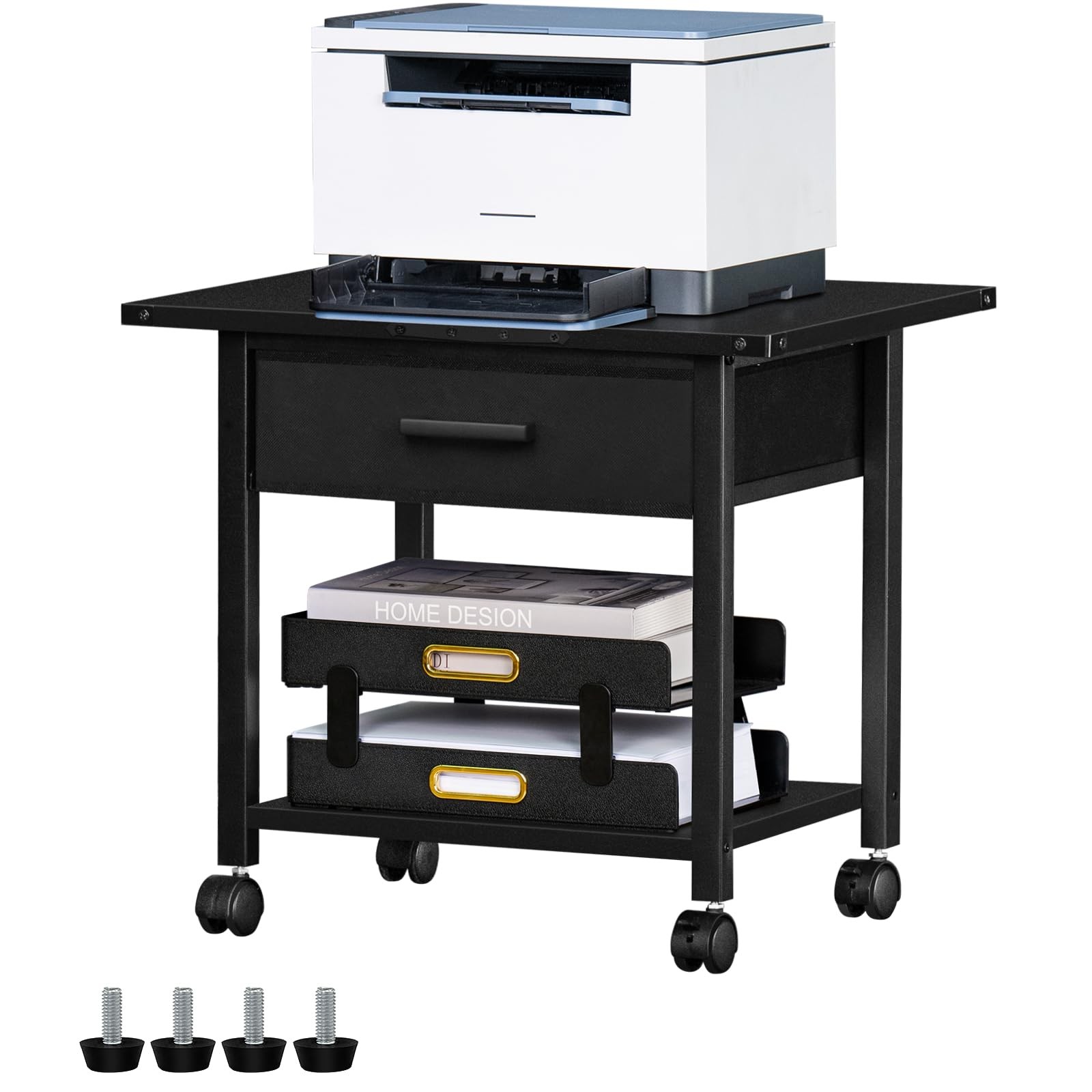 Under Desk Rolling Printer Stand with Drawer, 2-Tier Industrial Mobile Printe...