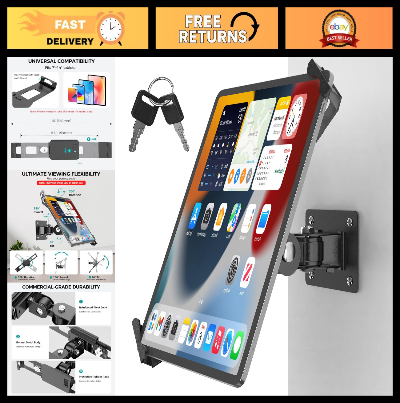 Secure Anti-Theft Tablet Wall Mount with Key Lock, Full Motion iPad Holder
