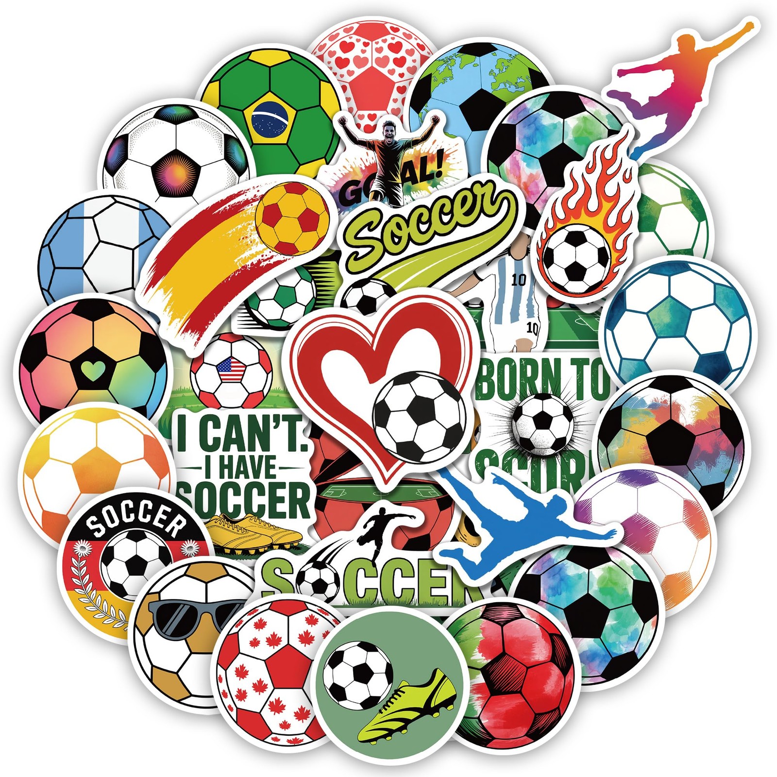 Soccer Stickers 100 Pcs, Waterproof for 2.2 - 3.1 inches, Multi
