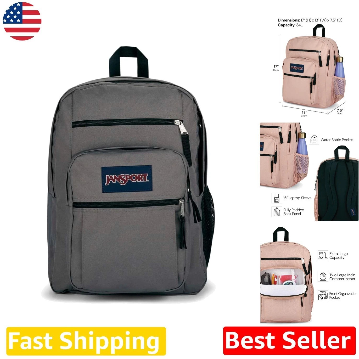 Graphite Grey Laptop Backpack - 15" Padded Sleeve, 2 Compartments, Ergonomic ...