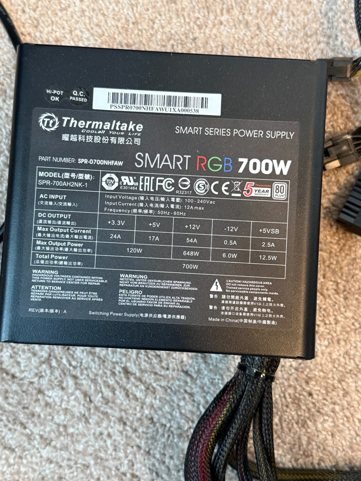 Thermaltake Smart RGB 700W 80+ 256-Color RGB Fan ATX 12V