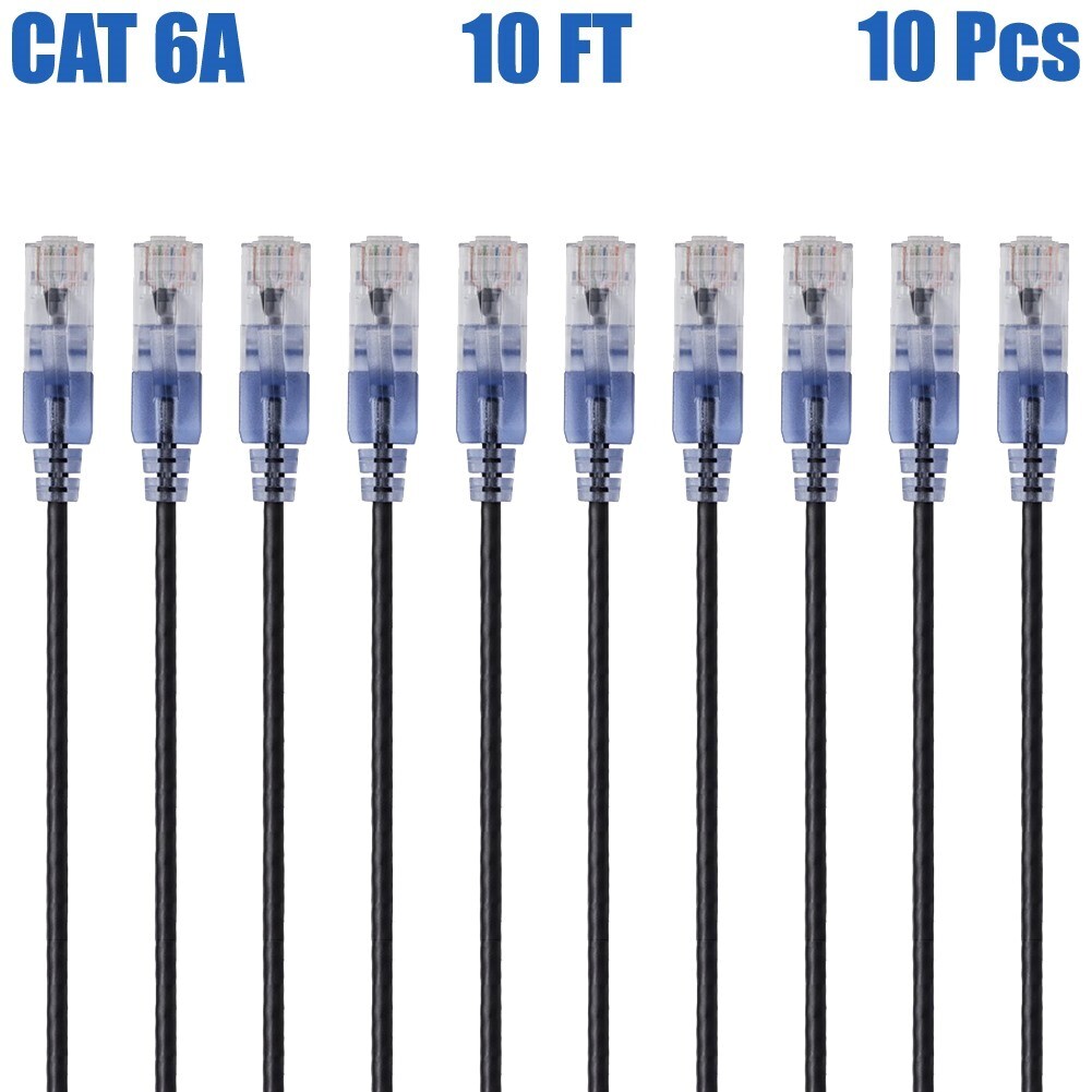 10 Pcs 10FT Cat6A RJ45 Network LAN Ethernet UTP Patch Cable Copper 30AWG Black