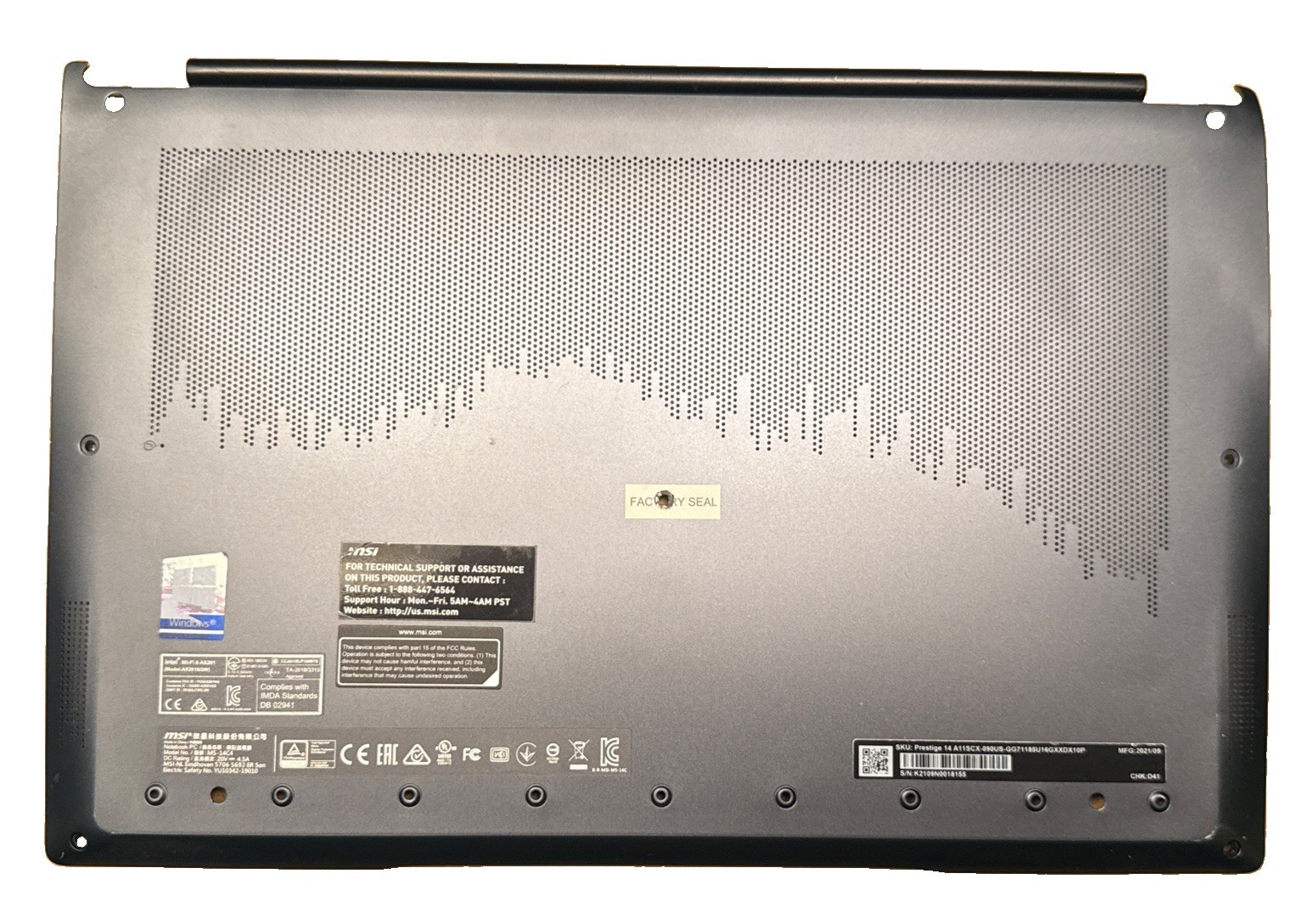 GENUINE MSI Bottom Cover For Prestige 14 A11SCX (Missing Rubber Foot)